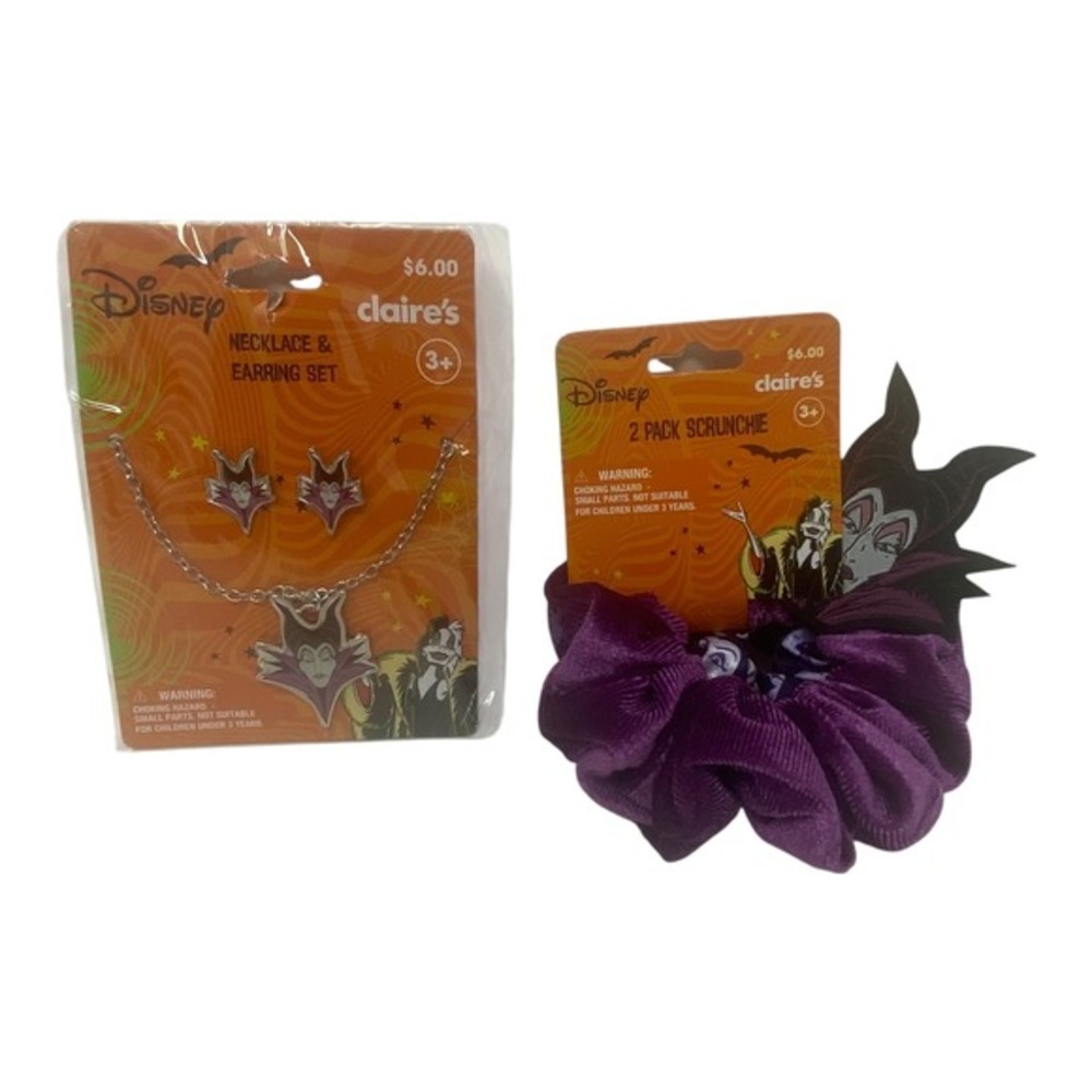 Claire's Disney Villains Maleficent Necklace‎ Earring Set Scrunchie Accessories